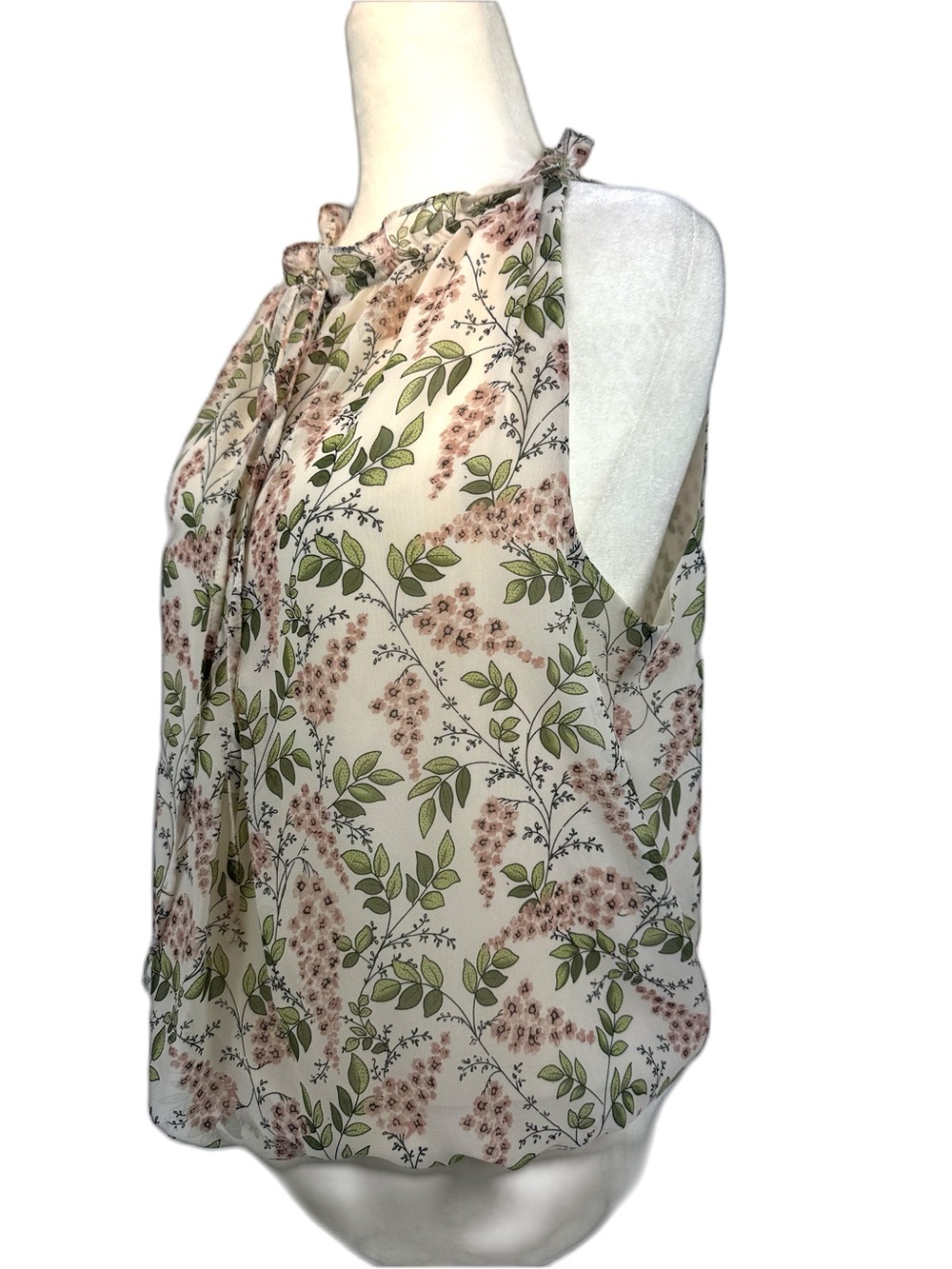 Max Studio sleeveless top elastic waist opening w tie botanical print EUC Med